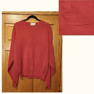 VTG LORD JEFF Sweater Embossed Sailboat Nautical Red Sun Faded 100% Cotton Sz XL